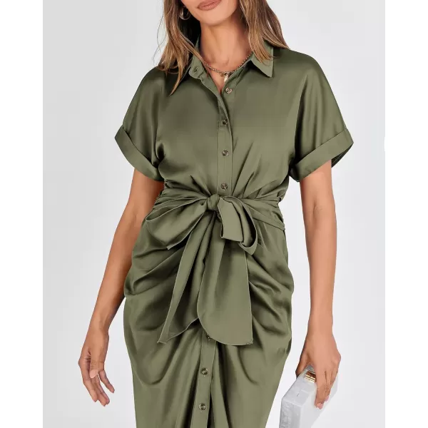 BTFBM 2024 Women Button Down Ruched Shirt Dresses Short Sleeve Lapel V Neck Elegant Party Spring Summer Maxi Satin DressShort Sleeve Army Green