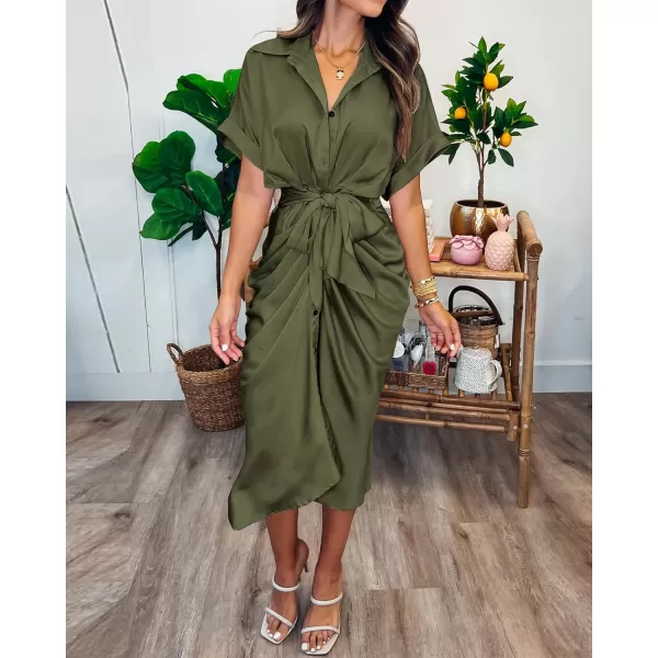 BTFBM 2024 Women Button Down Ruched Shirt Dresses Short Sleeve Lapel V Neck Elegant Party Spring Summer Maxi Satin DressShort Sleeve Army Green