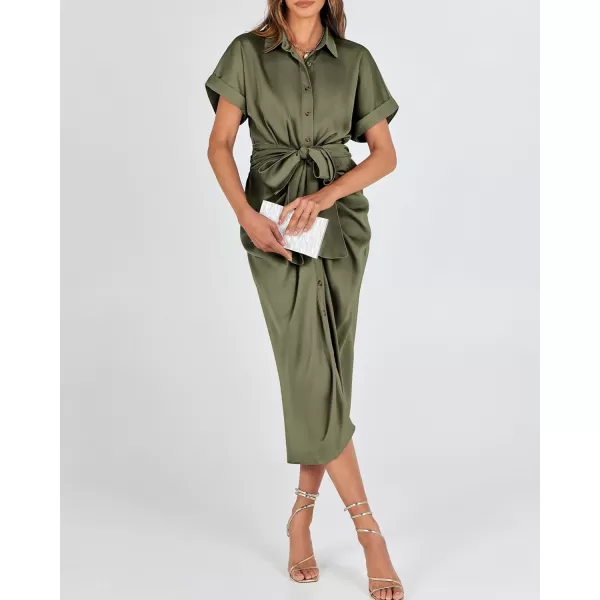 BTFBM 2024 Women Button Down Ruched Shirt Dresses Short Sleeve Lapel V Neck Elegant Party Spring Summer Maxi Satin DressShort Sleeve Army Green