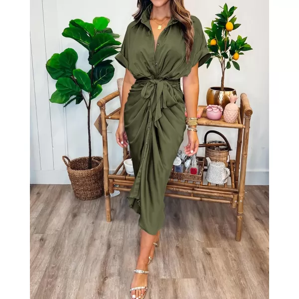BTFBM 2024 Women Button Down Ruched Shirt Dresses Short Sleeve Lapel V Neck Elegant Party Spring Summer Maxi Satin DressShort Sleeve Army Green