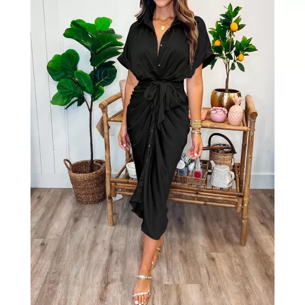 BTFBM 2024 Women Button Down Ruched Shirt Dresses Short Sleeve Lapel V Neck Elegant Party Spring Summer Maxi Satin DressShort Sleeve Black