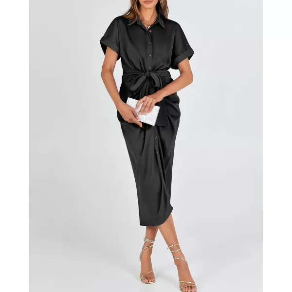 BTFBM 2024 Women Button Down Ruched Shirt Dresses Short Sleeve Lapel V Neck Elegant Party Spring Summer Maxi Satin DressShort Sleeve Black