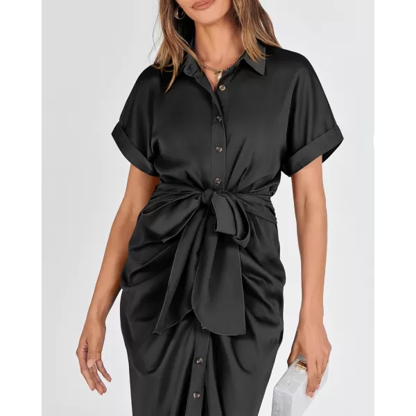 BTFBM 2024 Women Button Down Ruched Shirt Dresses Short Sleeve Lapel V Neck Elegant Party Spring Summer Maxi Satin DressShort Sleeve Black