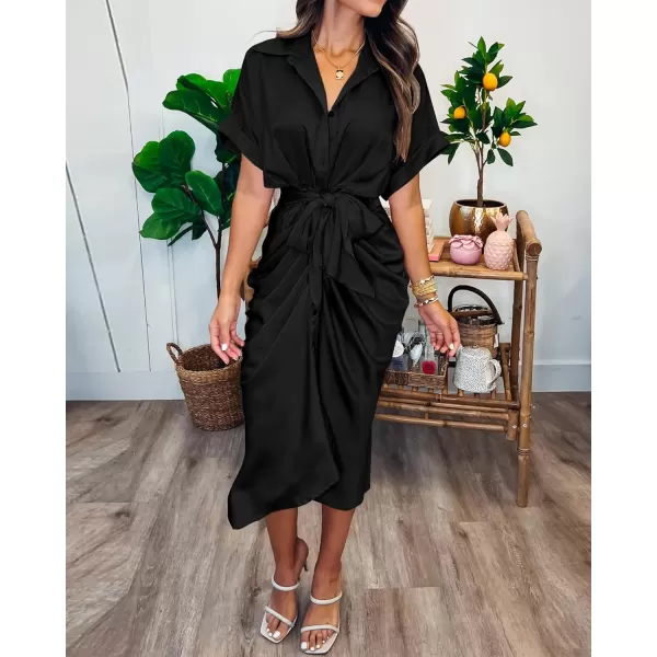 BTFBM 2024 Women Button Down Ruched Shirt Dresses Short Sleeve Lapel V Neck Elegant Party Spring Summer Maxi Satin DressShort Sleeve Black