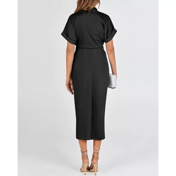 BTFBM 2024 Women Button Down Ruched Shirt Dresses Short Sleeve Lapel V Neck Elegant Party Spring Summer Maxi Satin DressShort Sleeve Black