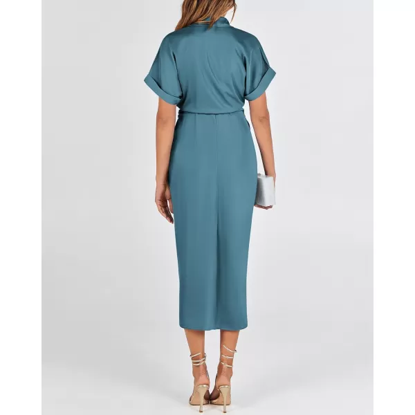 BTFBM 2024 Women Button Down Ruched Shirt Dresses Short Sleeve Lapel V Neck Elegant Party Spring Summer Maxi Satin DressShort Sleeve Blue Green
