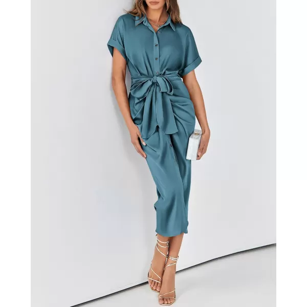 BTFBM 2024 Women Button Down Ruched Shirt Dresses Short Sleeve Lapel V Neck Elegant Party Spring Summer Maxi Satin DressShort Sleeve Blue Green