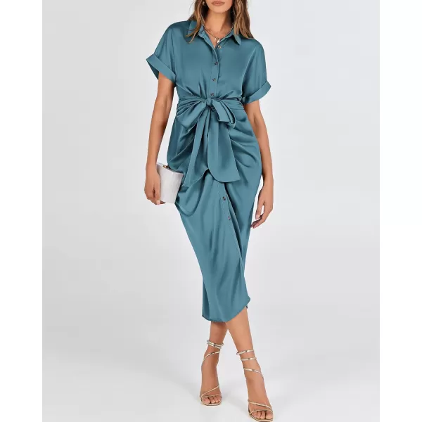 BTFBM 2024 Women Button Down Ruched Shirt Dresses Short Sleeve Lapel V Neck Elegant Party Spring Summer Maxi Satin DressShort Sleeve Blue Green