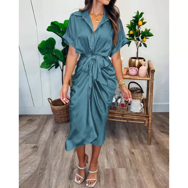 BTFBM 2024 Women Button Down Ruched Shirt Dresses Short Sleeve Lapel V Neck Elegant Party Spring Summer Maxi Satin DressShort Sleeve Blue Green