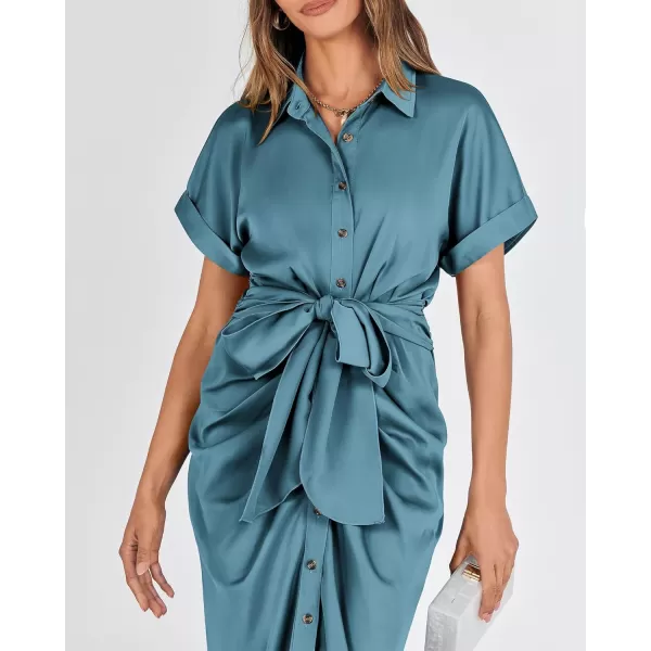 BTFBM 2024 Women Button Down Ruched Shirt Dresses Short Sleeve Lapel V Neck Elegant Party Spring Summer Maxi Satin DressShort Sleeve Blue Green