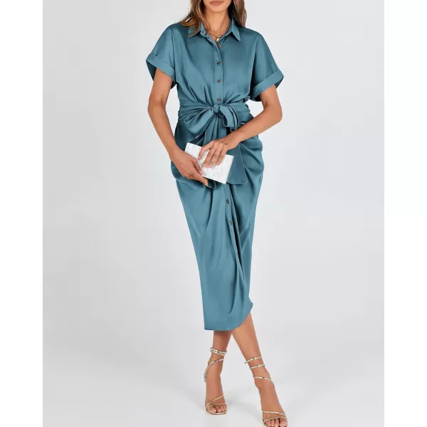BTFBM 2024 Women Button Down Ruched Shirt Dresses Short Sleeve Lapel V Neck Elegant Party Spring Summer Maxi Satin DressShort Sleeve Blue Green