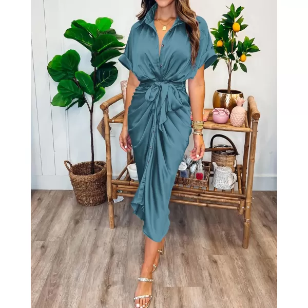 BTFBM 2024 Women Button Down Ruched Shirt Dresses Short Sleeve Lapel V Neck Elegant Party Spring Summer Maxi Satin DressShort Sleeve Blue Green