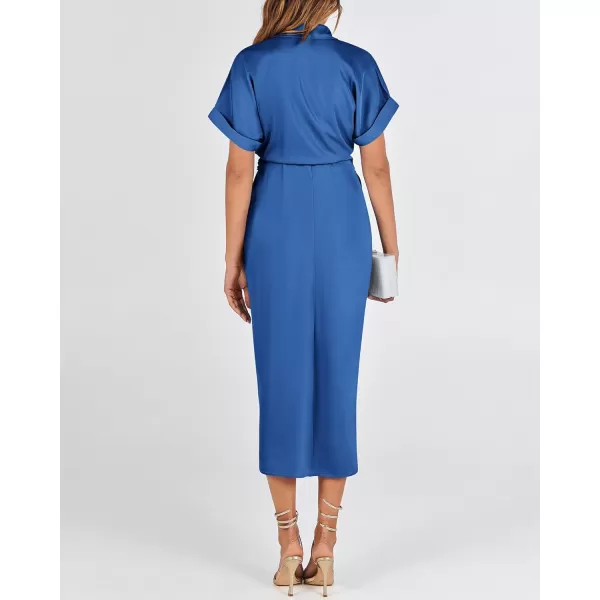 BTFBM 2024 Women Button Down Ruched Shirt Dresses Short Sleeve Lapel V Neck Elegant Party Spring Summer Maxi Satin DressShort Sleeve Brilliant Blue