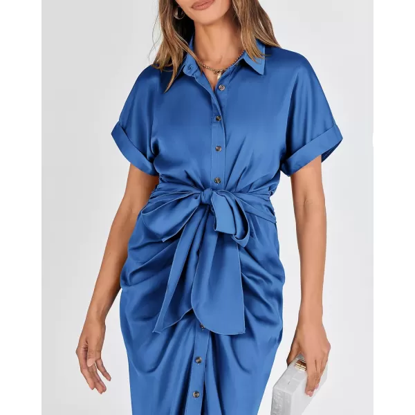 BTFBM 2024 Women Button Down Ruched Shirt Dresses Short Sleeve Lapel V Neck Elegant Party Spring Summer Maxi Satin DressShort Sleeve Brilliant Blue