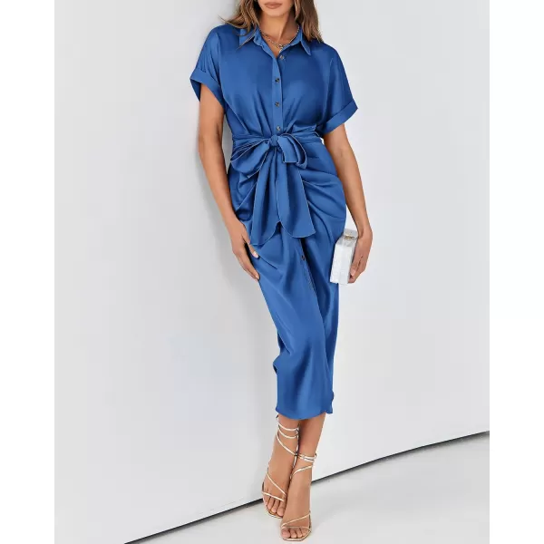 BTFBM 2024 Women Button Down Ruched Shirt Dresses Short Sleeve Lapel V Neck Elegant Party Spring Summer Maxi Satin DressShort Sleeve Brilliant Blue