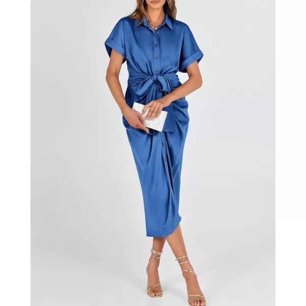 BTFBM 2024 Women Button Down Ruched Shirt Dresses Short Sleeve Lapel V Neck Elegant Party Spring Summer Maxi Satin DressShort Sleeve Brilliant Blue