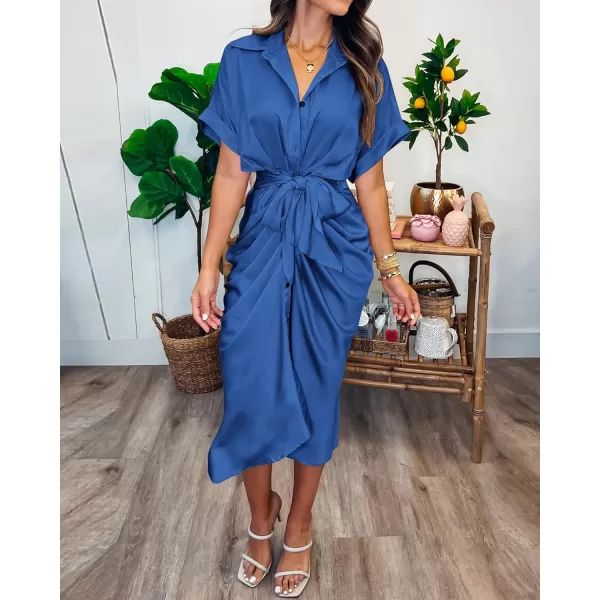 BTFBM 2024 Women Button Down Ruched Shirt Dresses Short Sleeve Lapel V Neck Elegant Party Spring Summer Maxi Satin DressShort Sleeve Brilliant Blue