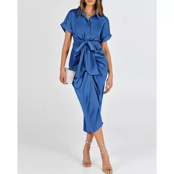 BTFBM 2024 Women Button Down Ruched Shirt Dresses Short Sleeve Lapel V Neck Elegant Party Spring Summer Maxi Satin DressShort Sleeve Brilliant Blue