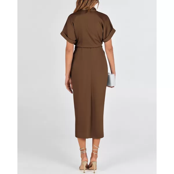 BTFBM 2024 Women Button Down Ruched Shirt Dresses Short Sleeve Lapel V Neck Elegant Party Spring Summer Maxi Satin DressShort Sleeve Dark Brown