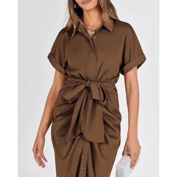 BTFBM 2024 Women Button Down Ruched Shirt Dresses Short Sleeve Lapel V Neck Elegant Party Spring Summer Maxi Satin DressShort Sleeve Dark Brown