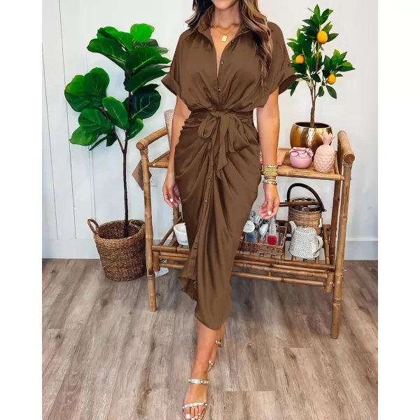 BTFBM 2024 Women Button Down Ruched Shirt Dresses Short Sleeve Lapel V Neck Elegant Party Spring Summer Maxi Satin DressShort Sleeve Dark Brown