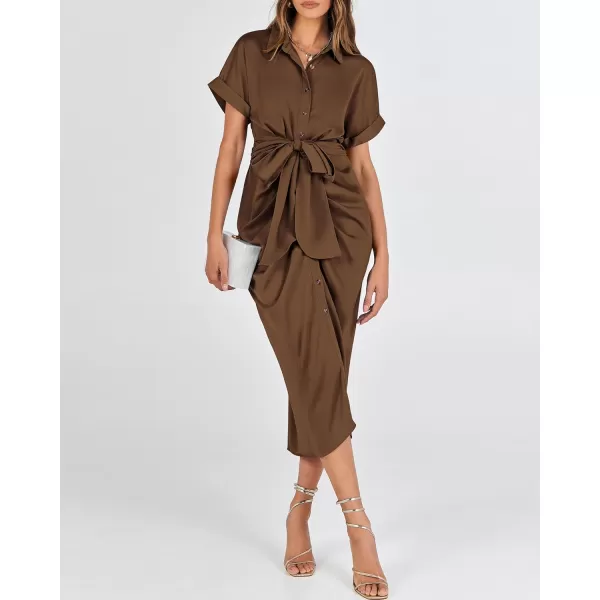 BTFBM 2024 Women Button Down Ruched Shirt Dresses Short Sleeve Lapel V Neck Elegant Party Spring Summer Maxi Satin DressShort Sleeve Dark Brown