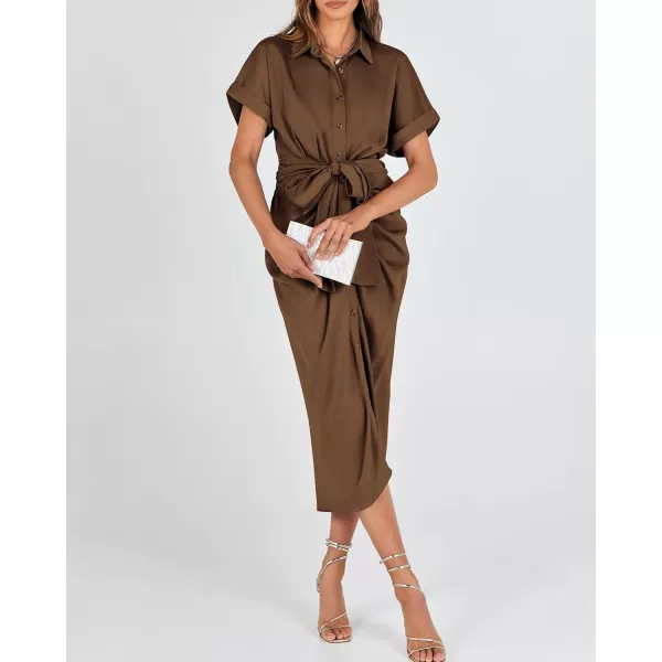 BTFBM 2024 Women Button Down Ruched Shirt Dresses Short Sleeve Lapel V Neck Elegant Party Spring Summer Maxi Satin DressShort Sleeve Dark Brown