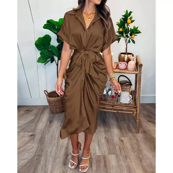 BTFBM 2024 Women Button Down Ruched Shirt Dresses Short Sleeve Lapel V Neck Elegant Party Spring Summer Maxi Satin DressShort Sleeve Dark Brown