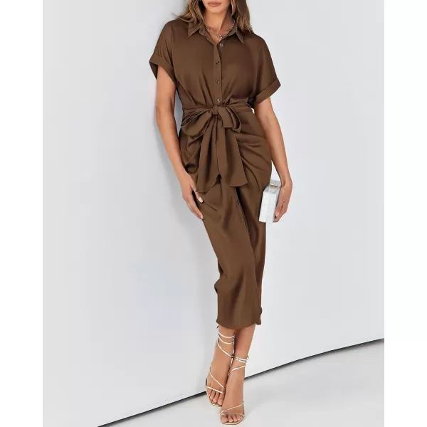BTFBM 2024 Women Button Down Ruched Shirt Dresses Short Sleeve Lapel V Neck Elegant Party Spring Summer Maxi Satin DressShort Sleeve Dark Brown