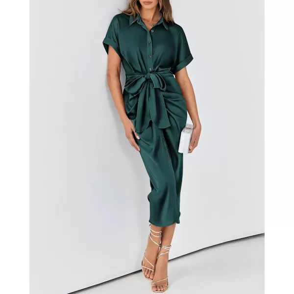 BTFBM 2024 Women Button Down Ruched Shirt Dresses Short Sleeve Lapel V Neck Elegant Party Spring Summer Maxi Satin DressShort Sleeve Dark Green