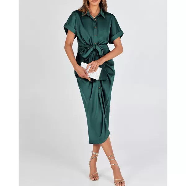 BTFBM 2024 Women Button Down Ruched Shirt Dresses Short Sleeve Lapel V Neck Elegant Party Spring Summer Maxi Satin DressShort Sleeve Dark Green