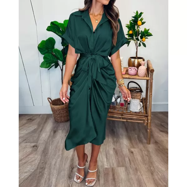 BTFBM 2024 Women Button Down Ruched Shirt Dresses Short Sleeve Lapel V Neck Elegant Party Spring Summer Maxi Satin DressShort Sleeve Dark Green