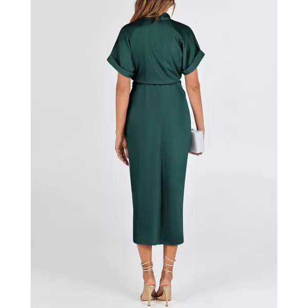 BTFBM 2024 Women Button Down Ruched Shirt Dresses Short Sleeve Lapel V Neck Elegant Party Spring Summer Maxi Satin DressShort Sleeve Dark Green