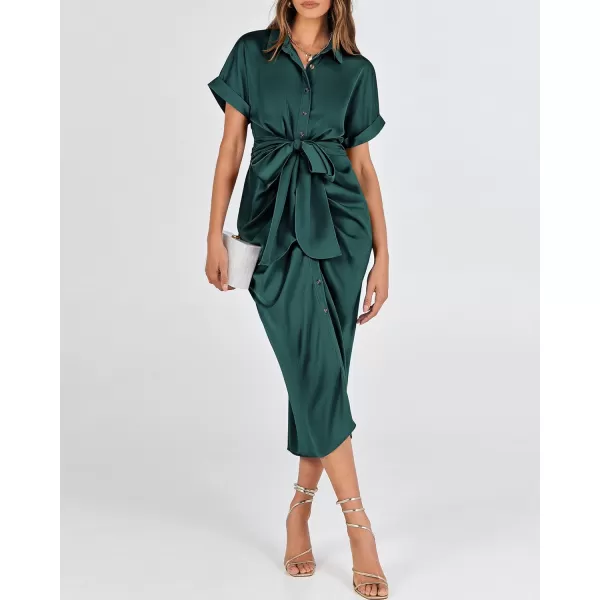 BTFBM 2024 Women Button Down Ruched Shirt Dresses Short Sleeve Lapel V Neck Elegant Party Spring Summer Maxi Satin DressShort Sleeve Dark Green