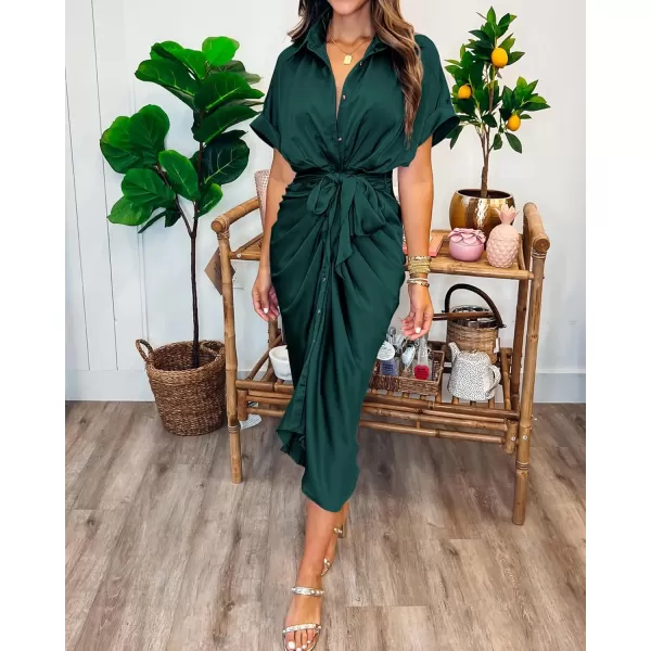 BTFBM 2024 Women Button Down Ruched Shirt Dresses Short Sleeve Lapel V Neck Elegant Party Spring Summer Maxi Satin DressShort Sleeve Dark Green
