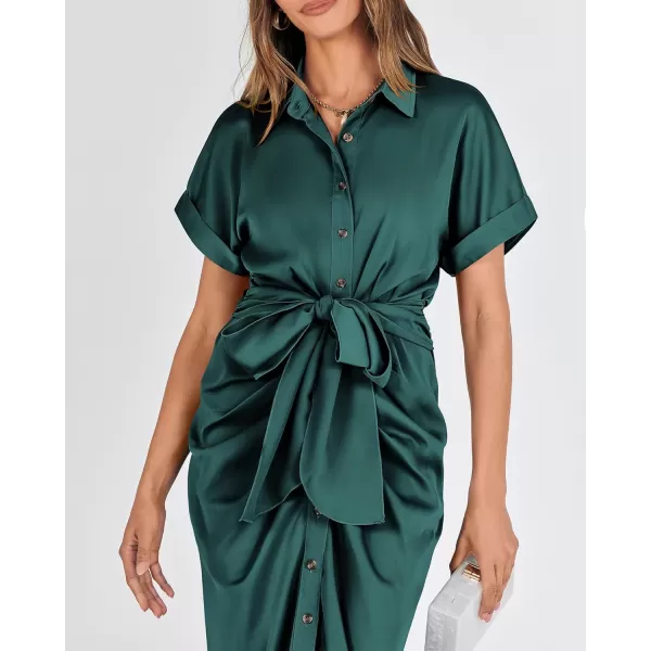 BTFBM 2024 Women Button Down Ruched Shirt Dresses Short Sleeve Lapel V Neck Elegant Party Spring Summer Maxi Satin DressShort Sleeve Dark Green
