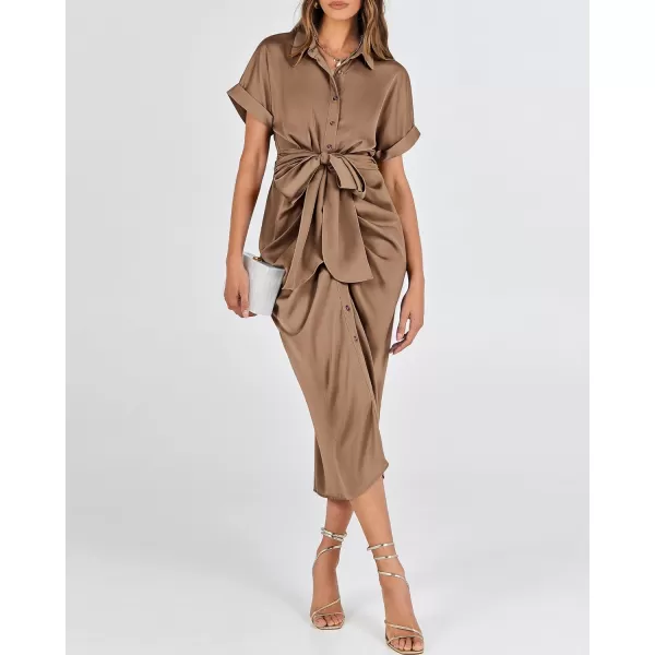 BTFBM 2024 Women Button Down Ruched Shirt Dresses Short Sleeve Lapel V Neck Elegant Party Spring Summer Maxi Satin DressShort Sleeve Dark Khaki