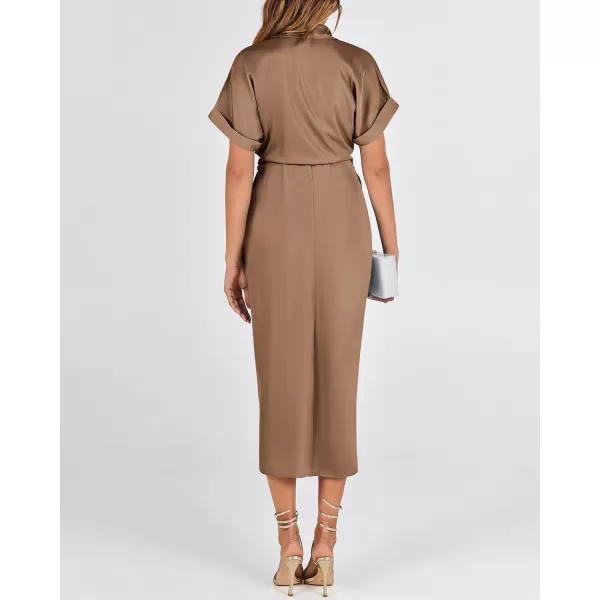 BTFBM 2024 Women Button Down Ruched Shirt Dresses Short Sleeve Lapel V Neck Elegant Party Spring Summer Maxi Satin DressShort Sleeve Dark Khaki