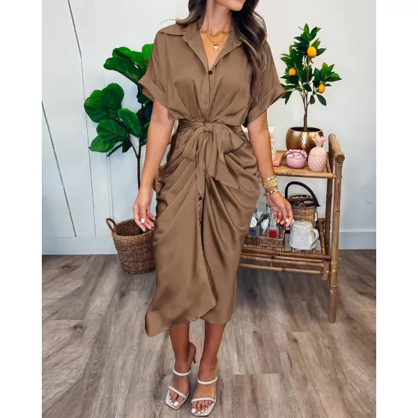 BTFBM 2024 Women Button Down Ruched Shirt Dresses Short Sleeve Lapel V Neck Elegant Party Spring Summer Maxi Satin DressShort Sleeve Dark Khaki