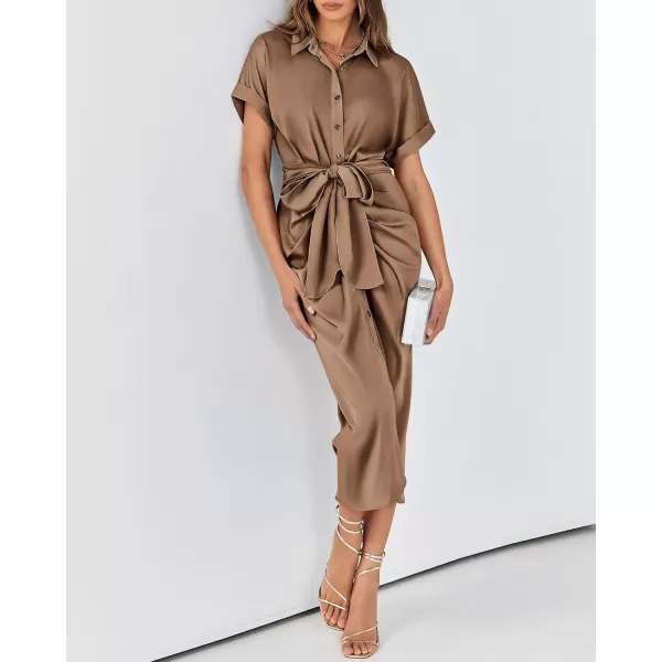 BTFBM 2024 Women Button Down Ruched Shirt Dresses Short Sleeve Lapel V Neck Elegant Party Spring Summer Maxi Satin DressShort Sleeve Dark Khaki