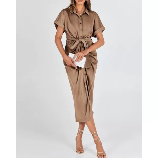BTFBM 2024 Women Button Down Ruched Shirt Dresses Short Sleeve Lapel V Neck Elegant Party Spring Summer Maxi Satin DressShort Sleeve Dark Khaki