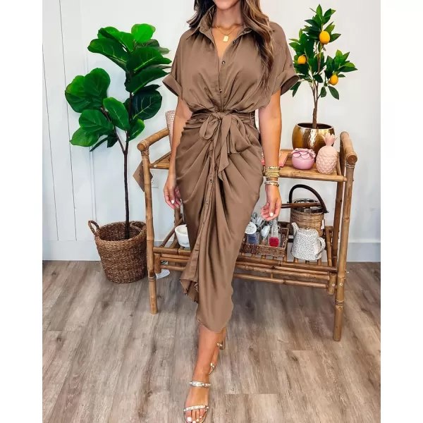 BTFBM 2024 Women Button Down Ruched Shirt Dresses Short Sleeve Lapel V Neck Elegant Party Spring Summer Maxi Satin DressShort Sleeve Dark Khaki