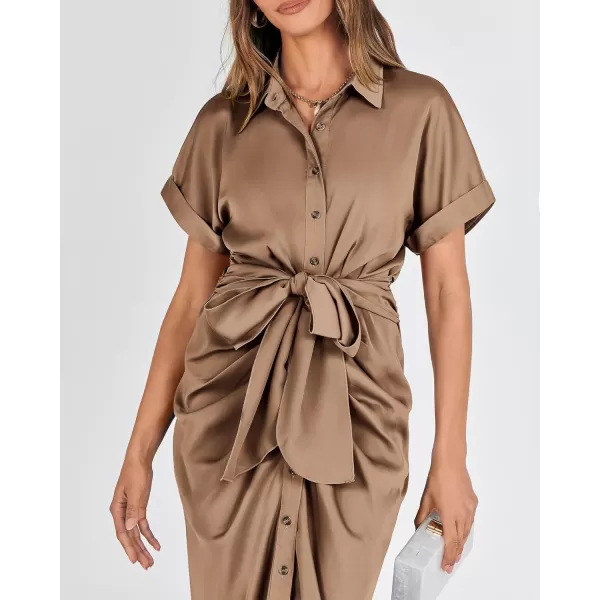 BTFBM 2024 Women Button Down Ruched Shirt Dresses Short Sleeve Lapel V Neck Elegant Party Spring Summer Maxi Satin DressShort Sleeve Dark Khaki
