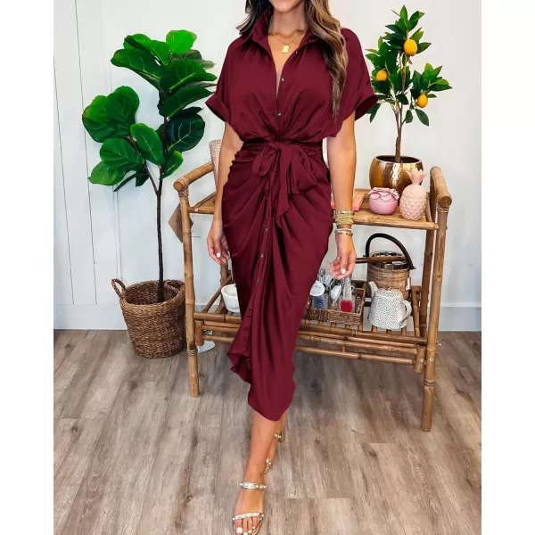 BTFBM 2024 Women Button Down Ruched Shirt Dresses Short Sleeve Lapel V Neck Elegant Party Spring Summer Maxi Satin DressShort Sleeve Dark Wine Red