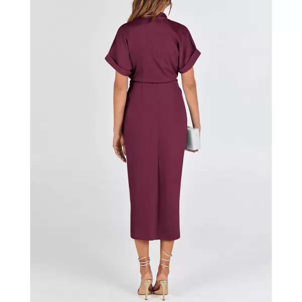 BTFBM 2024 Women Button Down Ruched Shirt Dresses Short Sleeve Lapel V Neck Elegant Party Spring Summer Maxi Satin DressShort Sleeve Dark Wine Red