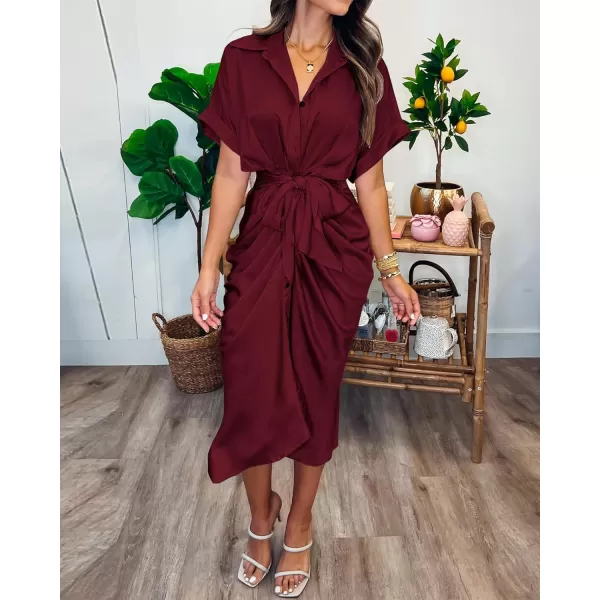 BTFBM 2024 Women Button Down Ruched Shirt Dresses Short Sleeve Lapel V Neck Elegant Party Spring Summer Maxi Satin DressShort Sleeve Dark Wine Red