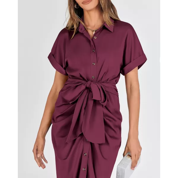 BTFBM 2024 Women Button Down Ruched Shirt Dresses Short Sleeve Lapel V Neck Elegant Party Spring Summer Maxi Satin DressShort Sleeve Dark Wine Red