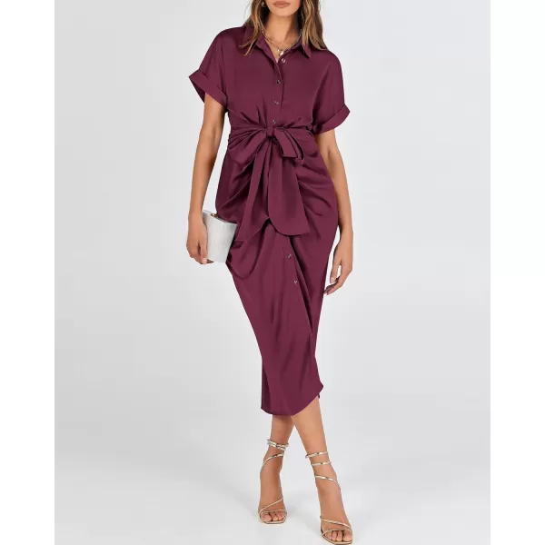 BTFBM 2024 Women Button Down Ruched Shirt Dresses Short Sleeve Lapel V Neck Elegant Party Spring Summer Maxi Satin DressShort Sleeve Dark Wine Red