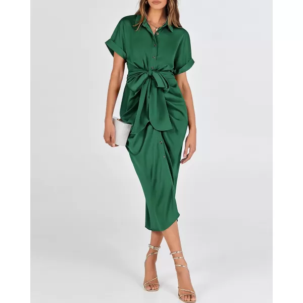 BTFBM 2024 Women Button Down Ruched Shirt Dresses Short Sleeve Lapel V Neck Elegant Party Spring Summer Maxi Satin DressShort Sleeve Deep Green