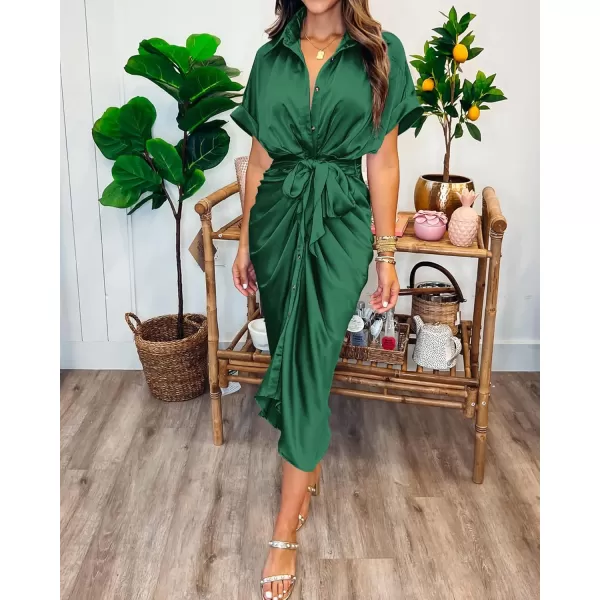 BTFBM 2024 Women Button Down Ruched Shirt Dresses Short Sleeve Lapel V Neck Elegant Party Spring Summer Maxi Satin DressShort Sleeve Deep Green